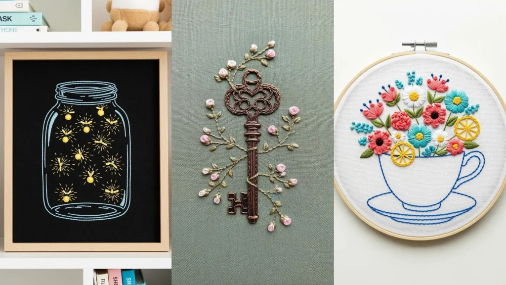 A collage of whimsical floral embroidery ideas for nursery decor, featuring a teacup of flowers and a framed jar of fireflies.