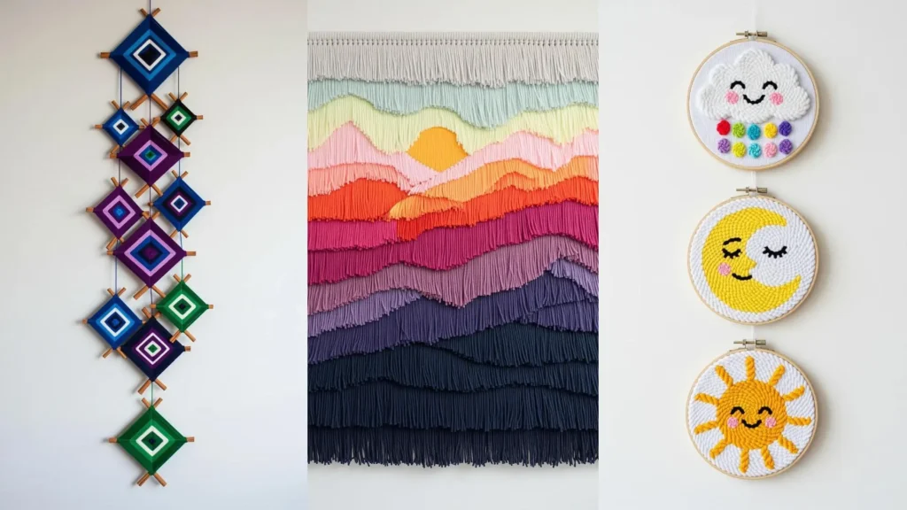 Whimsical yarn wall art crafts for a teen's room, like a colorful sunset tapestry and cute embroidered celestial hangers.