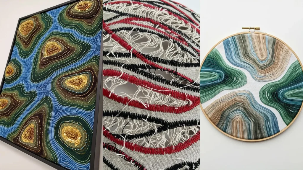 Collage of abstract thread art with dynamic textures, showcasing embroidery hacks that make art feel alive.