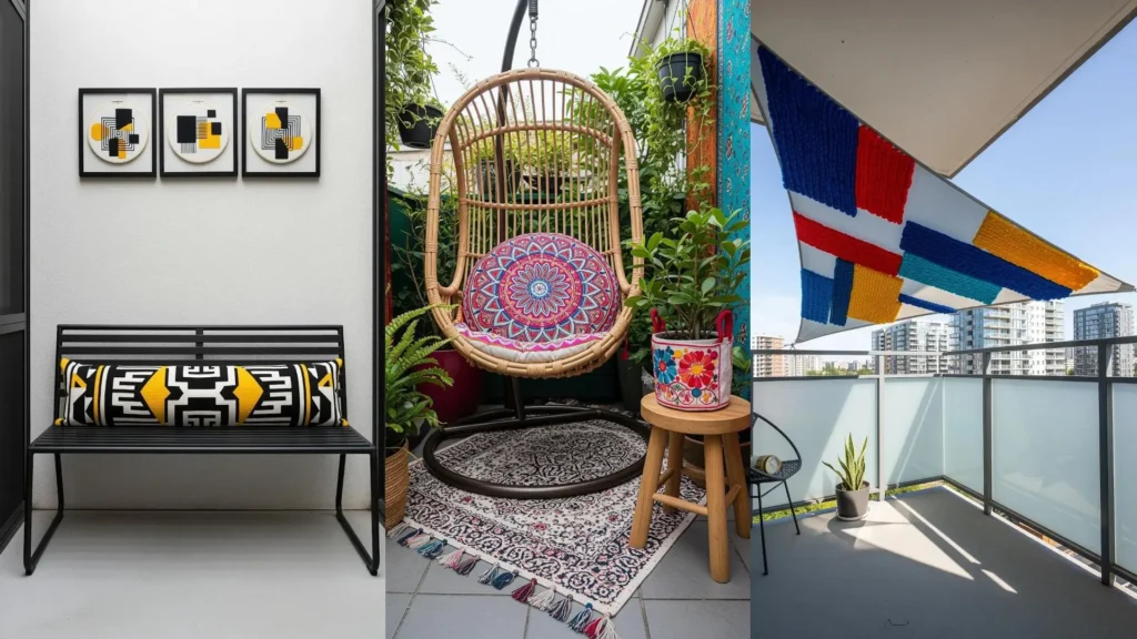 A vibrant collage of embroidery decor ideas for a small balcony, featuring embroidered wall art, cushions, and a sunshade.