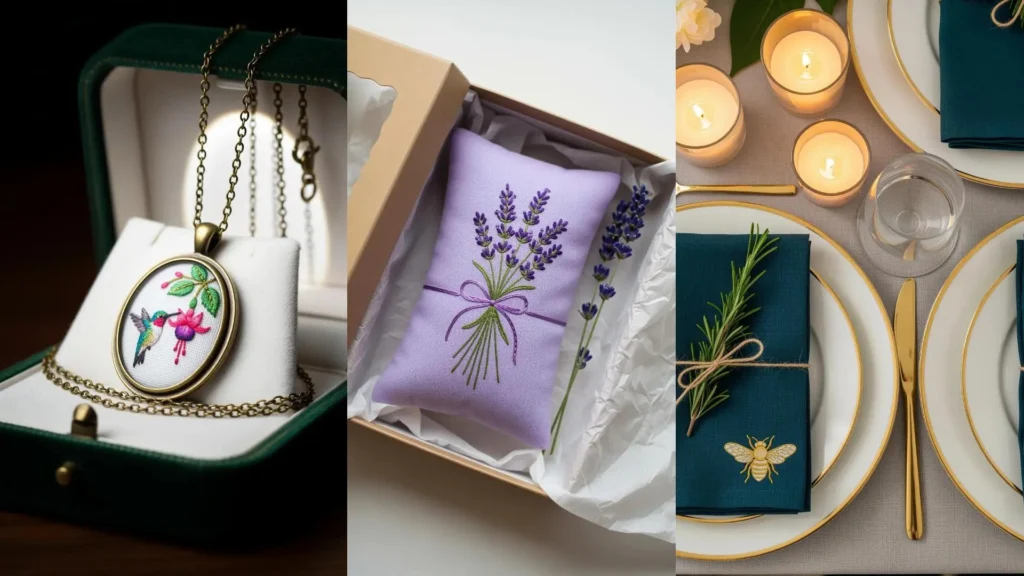 A collage of creative embroidery gifts, including a hummingbird necklace, lavender sachet, and a bee napkin.