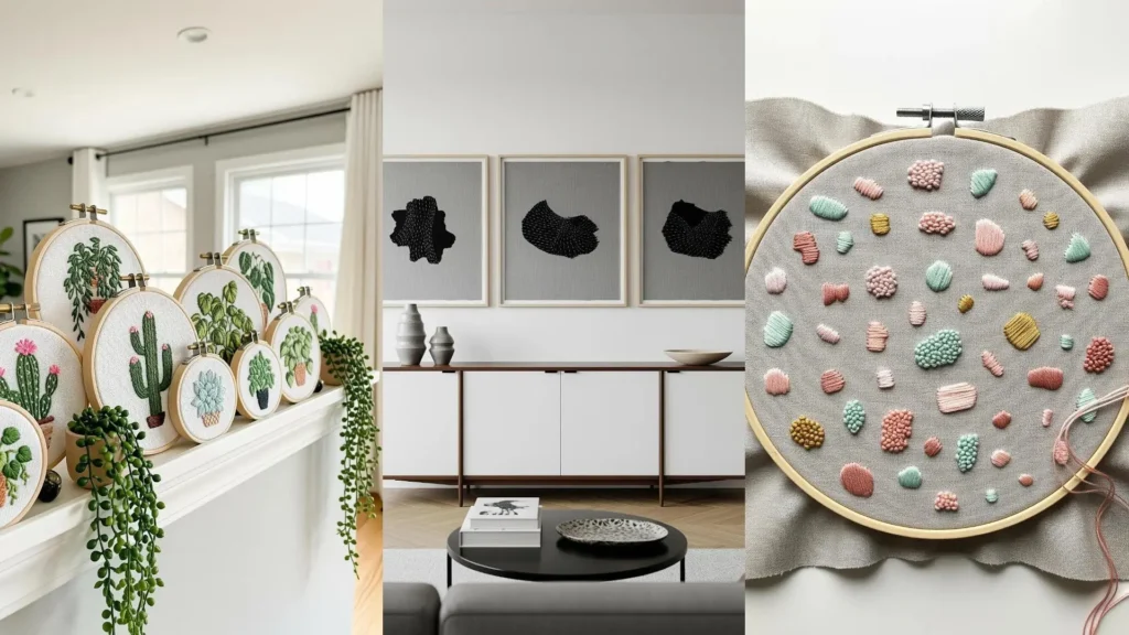 A collage of DIY embroidery art projects, showing how to elevate a living room with stitched plants and modern decor.