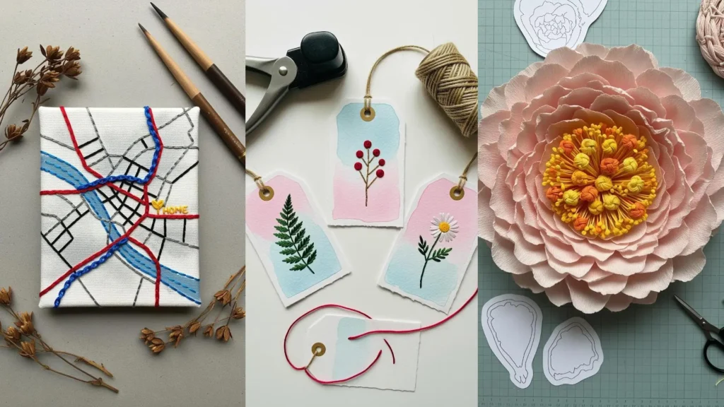 DIY mixed media projects using embroidery threads to create textures on a map, gift tags, and a large paper flower.