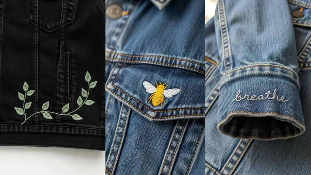 A collage of denim jackets showing how easy stitches like leaves, a bee, and words can bring plain jackets to life.