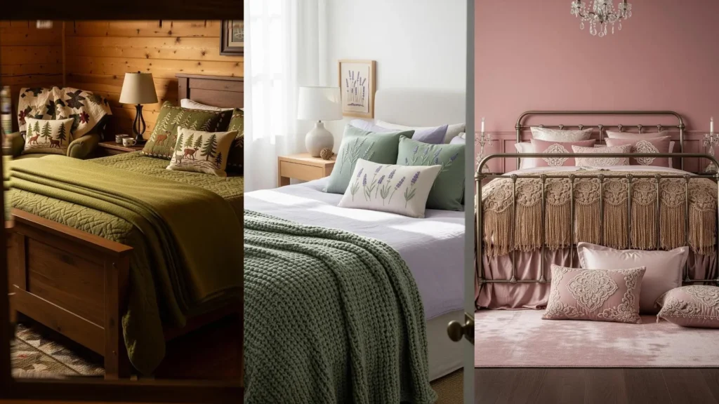 Three calm bedrooms decorated with stress-lowering embroidery color palettes on pillows and bedding.