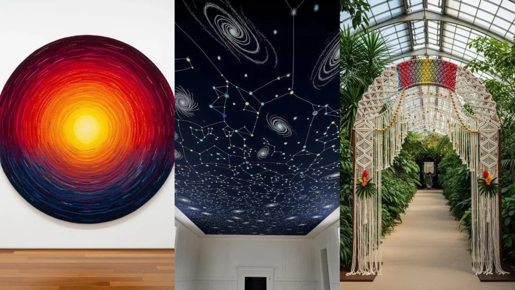 Three large-scale fiber art installations, from a vibrant woven wall hanging to a macrame arch, for big project ideas.