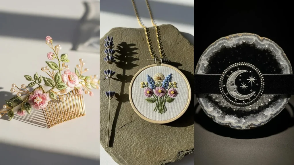 Handmade embroidered jewelry and accessories for gifts, showing a floral comb, flower necklace, and celestial choker.