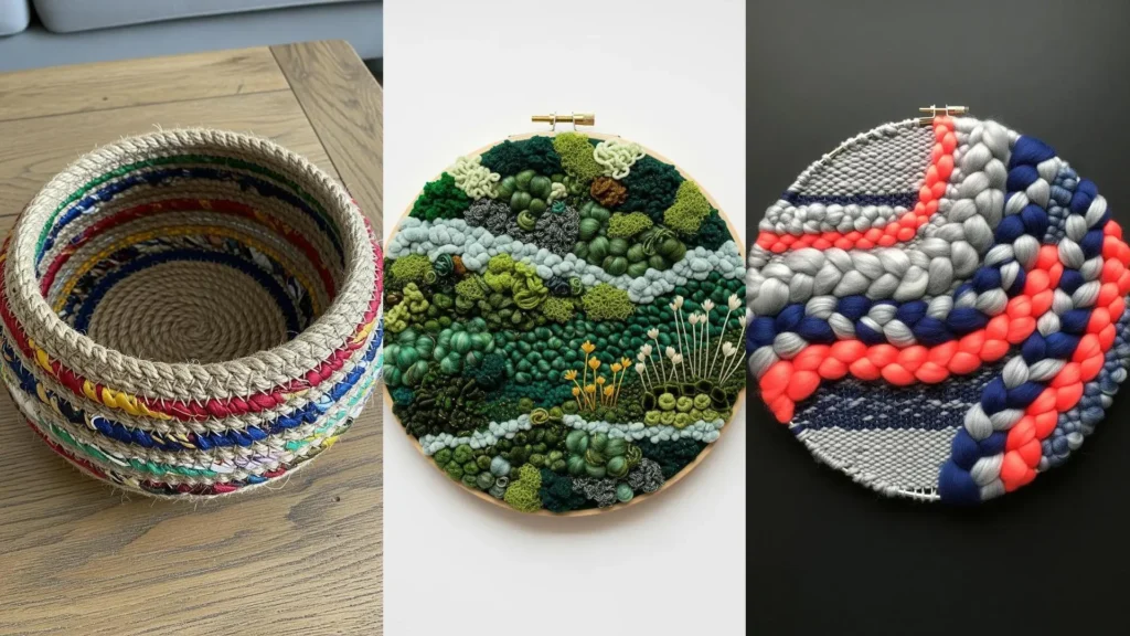 Handmade mixed-fiber ideas for a unique touch: a woven rope basket, green textured embroidery, and a chunky weaving.