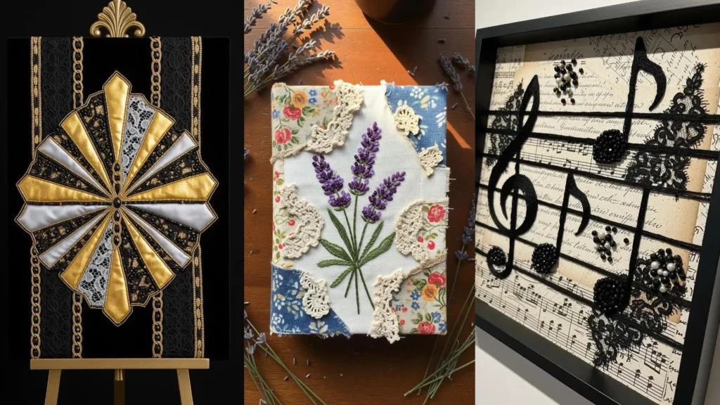 Three examples of fabric collage embroidery, using beads and lace to create art deco, floral, and musical designs.