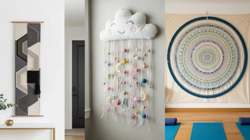Three mixed-media textile wall hangings, including geometric fiber art, an embroidered mandala, and a mobile with beads.
