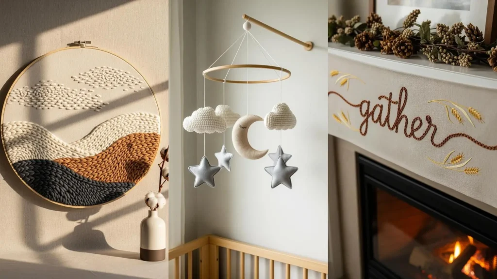 A trio of warm, neutral-toned embroidery projects, including hoop art, a baby mobile, and a fireplace mantel runner.