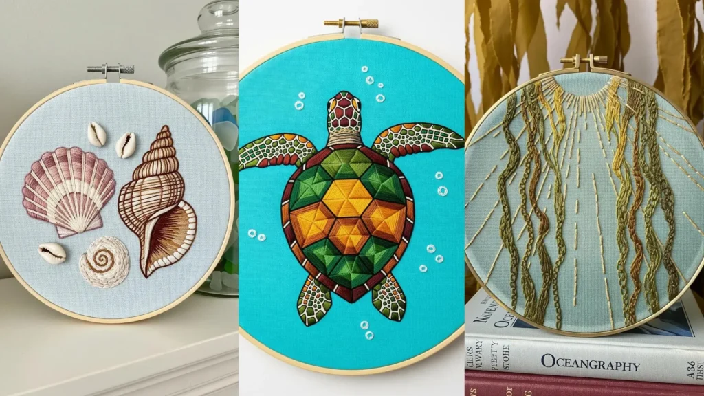 Ocean-inspired hoop embroidery ideas, a collage featuring embroidered seashells, a sea turtle, and waving seaweed.