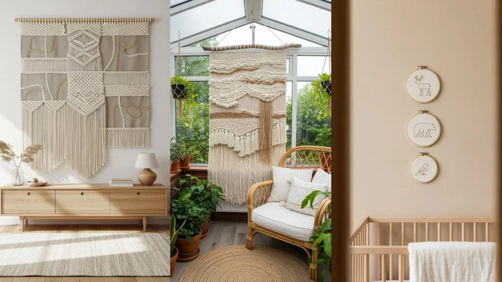 Cozy home interiors featuring off-white and sand embroidery art complementing natural wood and linen themes.