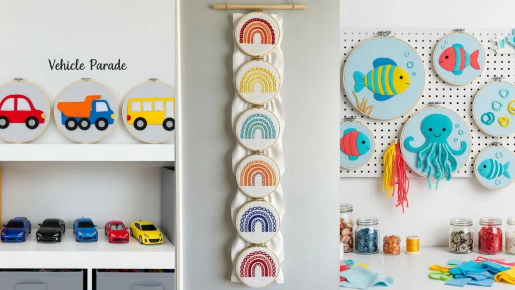 Playful hoop art crafts for kids, featuring colorful felt cars, embroidered rainbows, and cute sea creatures.