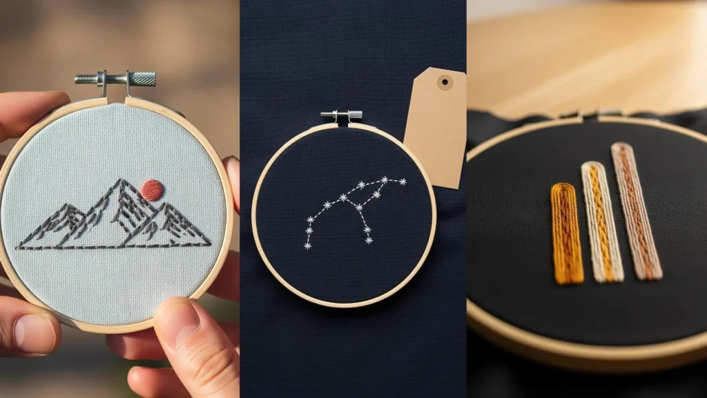 Quick stitch inspirations for personalized embroidery gifts, showing mountains and a constellation design.