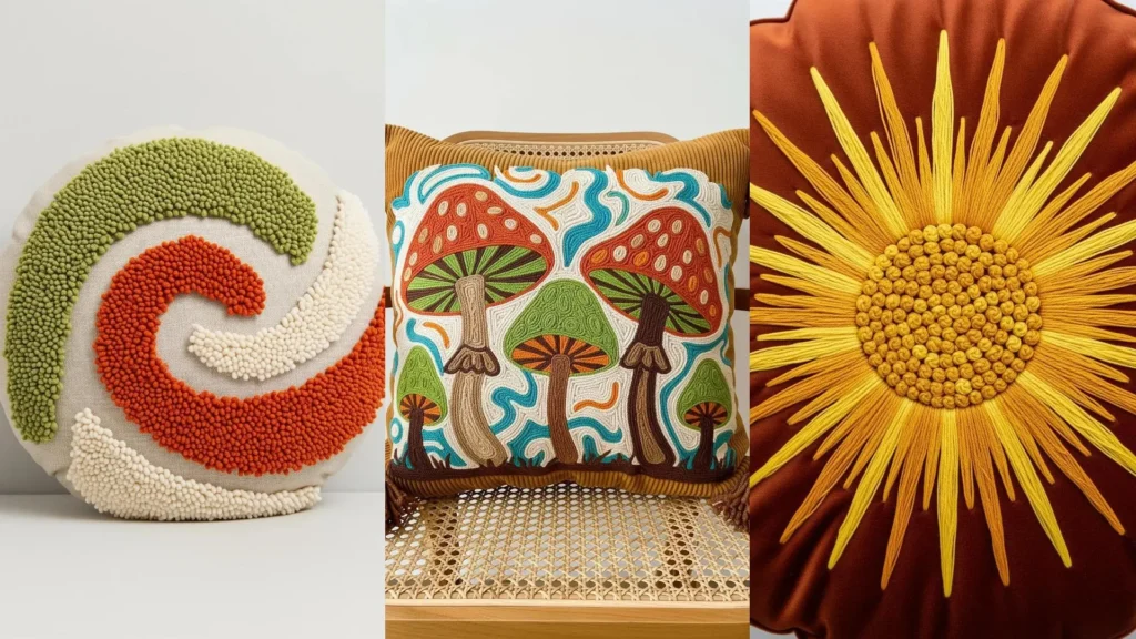 Three embroidered pillows with retro 70s designs: a groovy swirl, psychedelic mushrooms, and a bright sunflower.