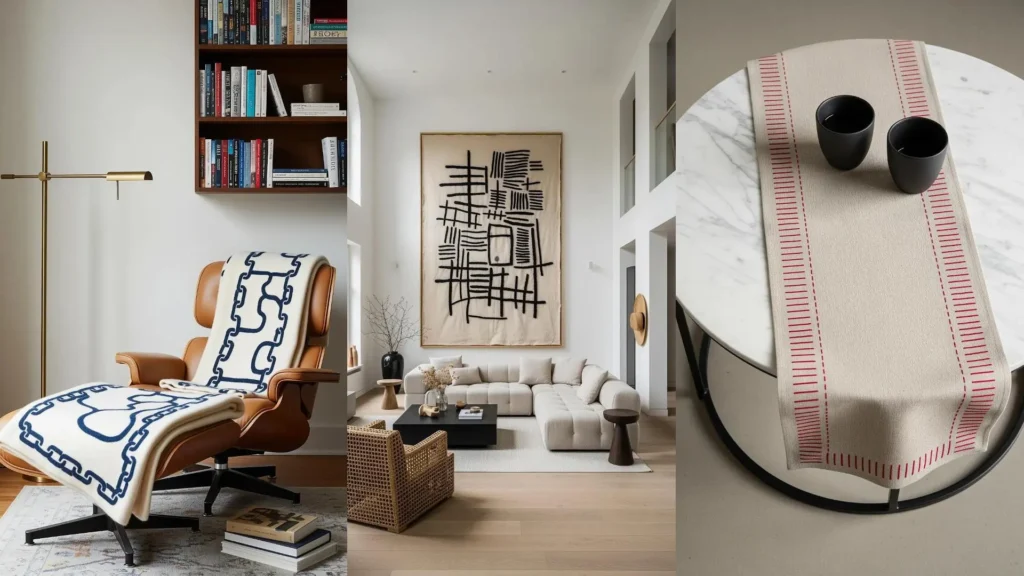 Simple stitched patterns on a blanket, wall art, and runner accent a room with modern furniture.