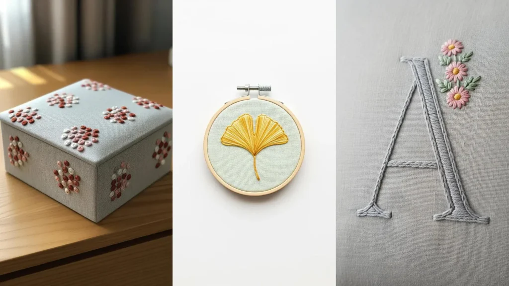 Three small embroidery ideas for bedroom decor: a hand-stitched box, a ginkgo leaf, and a floral monogram.