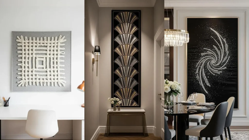 A collage of three rooms using statement-size embroidered textile hangings to fill large walls as beautiful wall art.