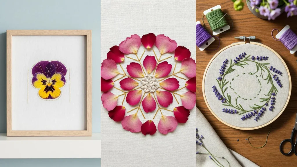 Pressed flower embroidery designs for beginners, featuring a framed pansy, rose petals, and a lavender wreath in progress.