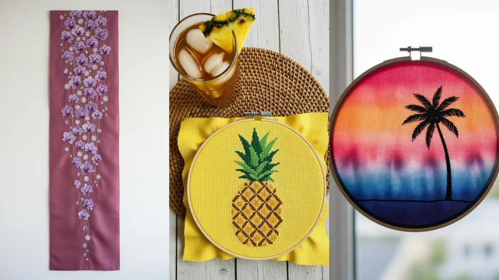 A collage of tropical embroidery patterns for a vacation feel, with a pineapple, a palm tree, and orchid flowers.