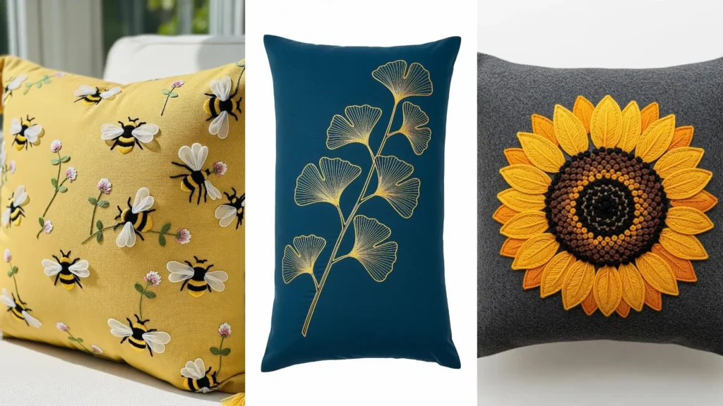 Three pillows showcasing vintage botanical embroidery patterns of bees, a sunflower, and golden ginkgo leaves.