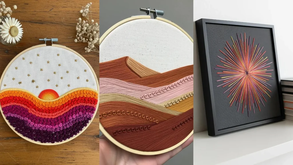 Three nature-inspired embroidery motifs: a vibrant sunset, abstract rolling waves, and a colorful storm.