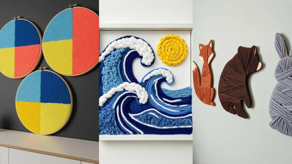 Colorful yarn wall art ideas to brighten a room, showing circular designs, a wave scene, and yarn-wrapped animals.
