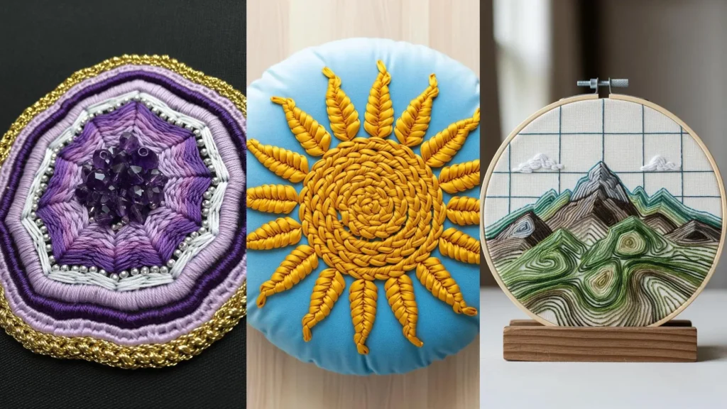 Raised, sculptural embroidery using contemporary texture techniques on a geode, sun, and topographic mountain design.