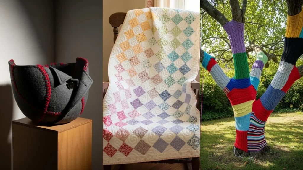 Creative fabric crafts that transform old clothes into stunning art: a quilt, an upcycled bowl, and a colorful tree.