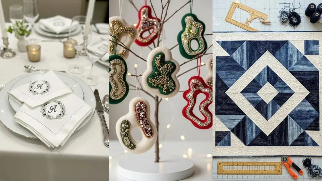 A collage of artistic, hand-stitched projects, showing luxurious embroidered napkins, beaded ornaments, and a quilt.