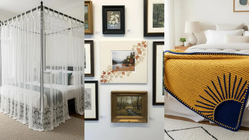 A collage of elegant embroidery accents for home decor, including lace curtains, stitched art, and a sun blanket.