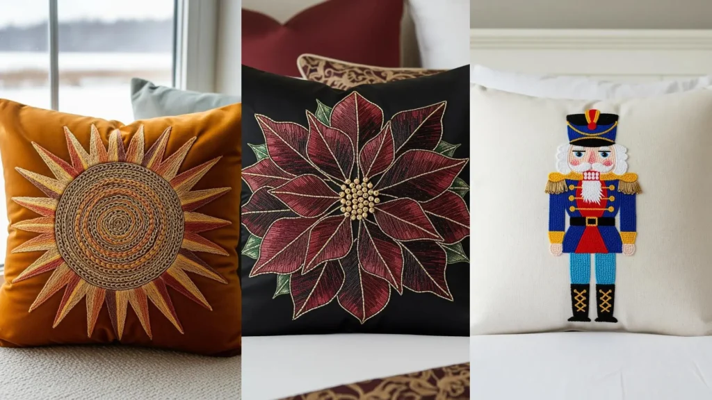A collage of festive holiday pillows with detailed embroidery designs of a poinsettia and nutcracker to cozy up a home.