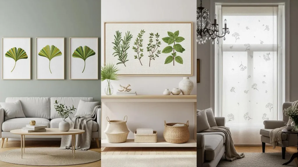 Floral stitch wall art with botanical patterns hanging in a living room with a calm, spa-like vibe.