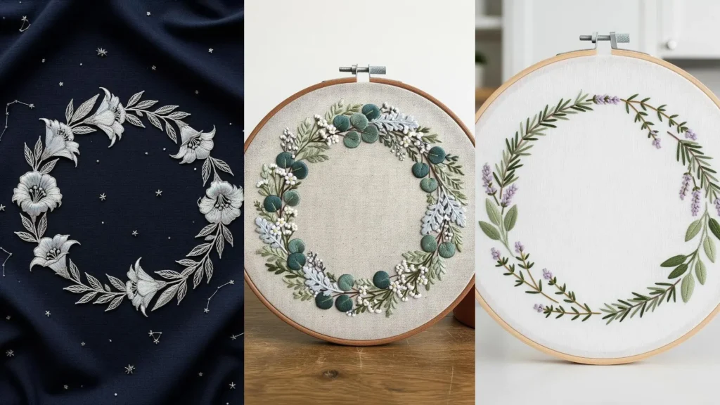 A collage of three hand-stitched flower wreath hoops, perfect as ideas for handmade spring decor.