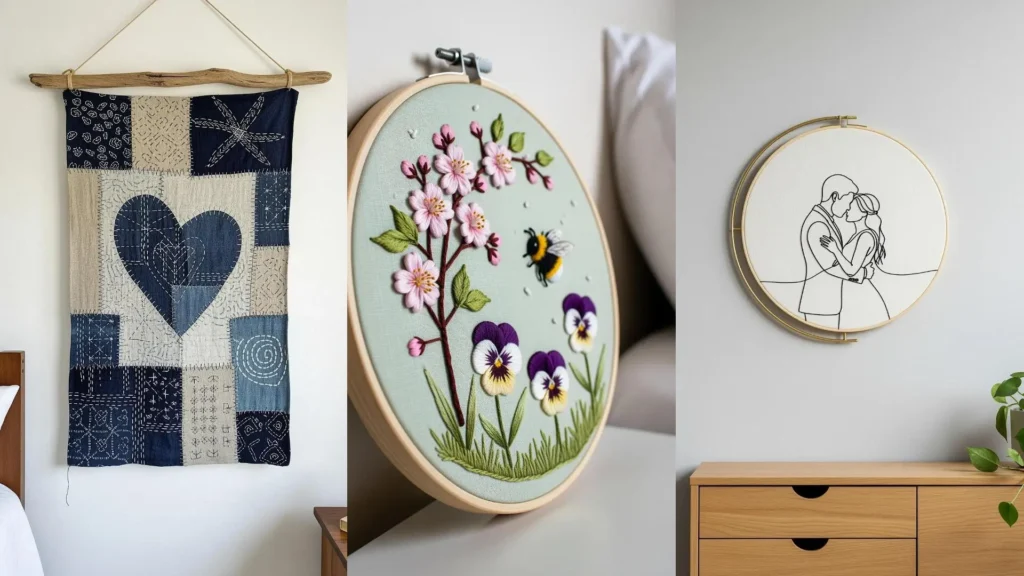 Romantic embroidery wall hangings for a calm bedroom retreat, featuring a heart, flowers, and a kissing couple.