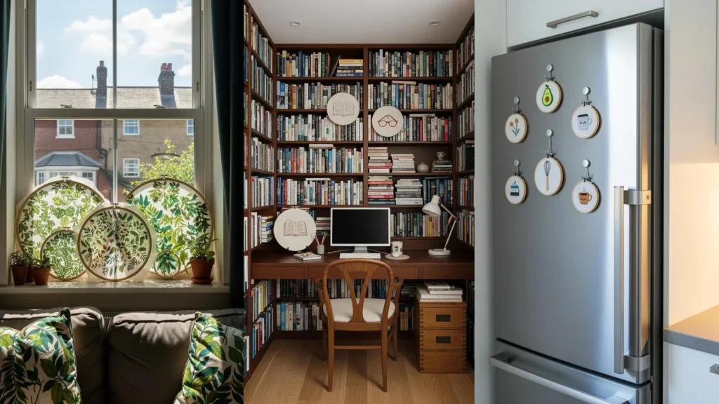 Space-saving embroidery display ideas for renters, showing hoops on a windowsill, bookshelf, and fridge without drilling holes.