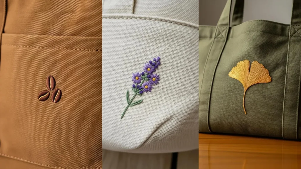 A collage of three plain tote bags transformed with tiny embroidery motifs: coffee beans, lavender, and a ginkgo leaf.