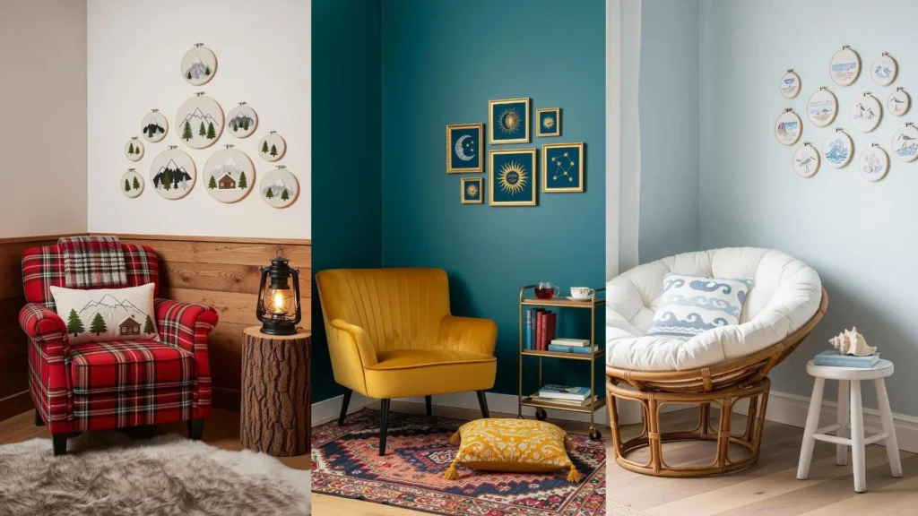 Tiny embroidery wall art transforms blank corners into cozy reading nooks with rustic, celestial, and coastal themes.