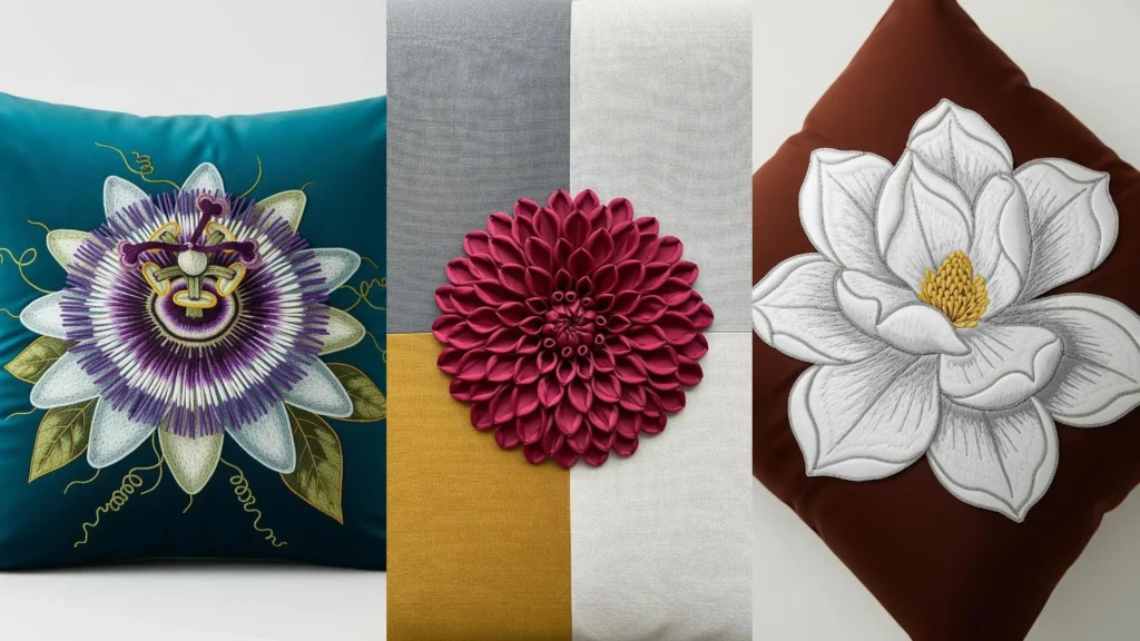 Cushions decorated with impressive 3D floral embroidery, showcasing boutique-level stitching techniques.