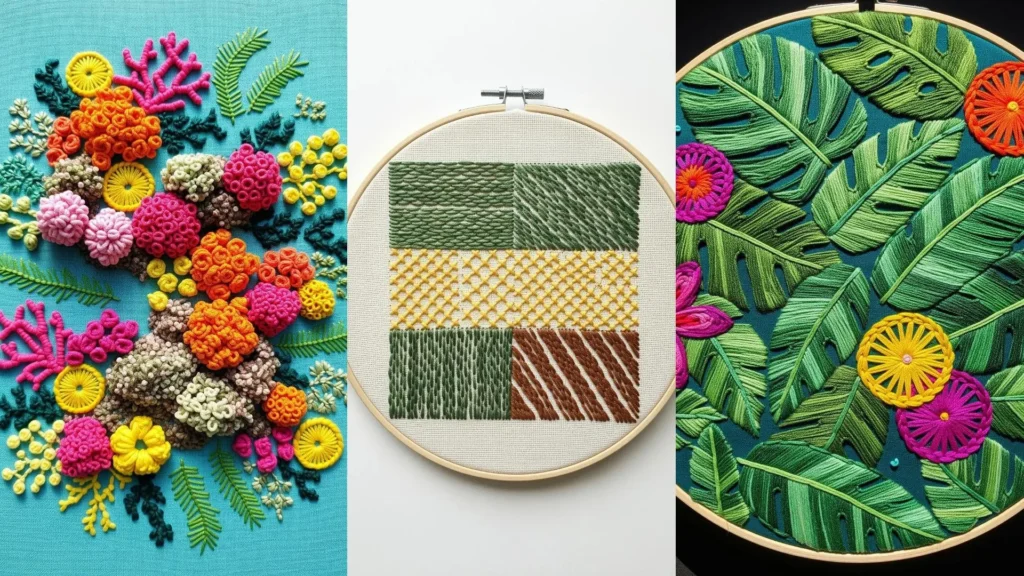 Dreamy, colorful abstract thread landscapes in hoop art, from vibrant coral reefs to lush jungle leaves.