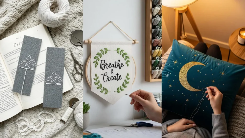 A collage of calm and cozy stitching projects for self-care, from embroidered bookmarks to a celestial pillow.