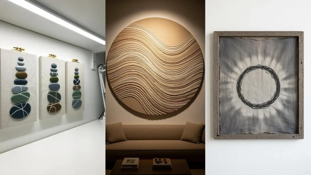 A collage of three earth-tone embroidery ideas for home decor, featuring stacked stones and abstract, grounding wall art.