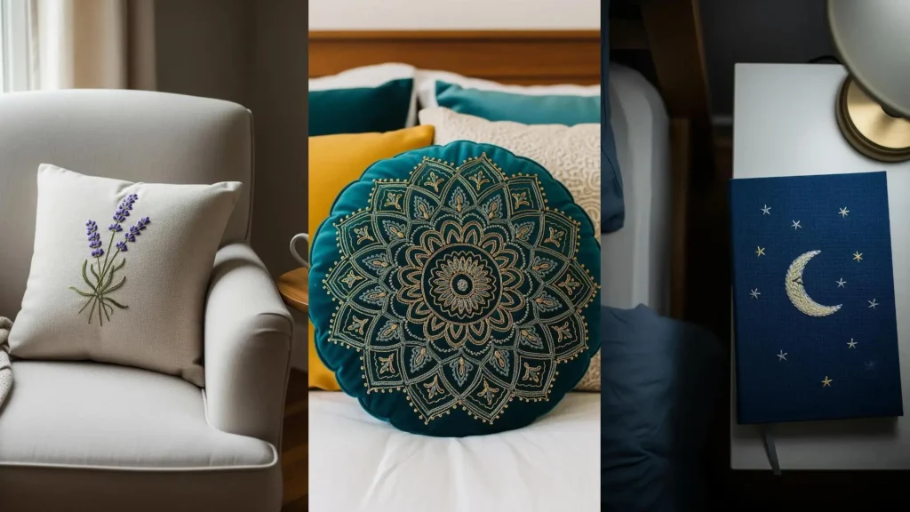 A cozy bedroom transformed with easy embroidery DIYs, including a lavender pillow and a celestial-themed journal.
