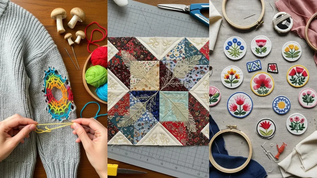 Creative embroidery hacks to avoid waste: a sweater mended with a rainbow web and patches made from fabric scraps.
