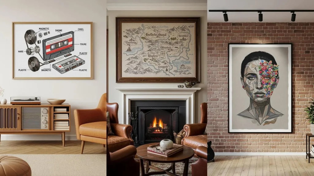 A collage of three rooms showing unique framed embroidery art pieces that serve as conversation starters.