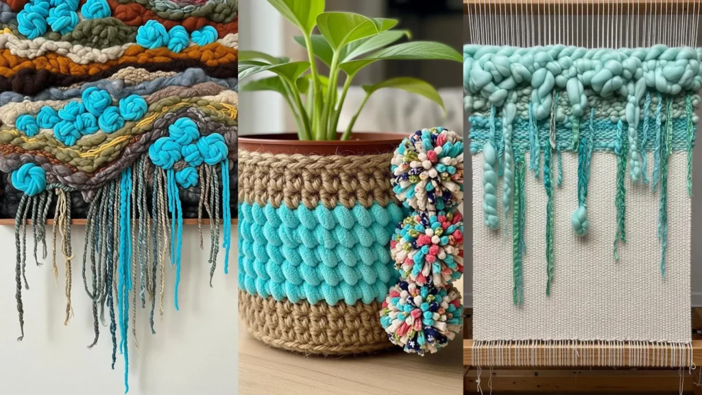 A collage of three fun and funky mixed fiber projects: a colorful woven wall hanging, a crocheted planter, and a weaving.