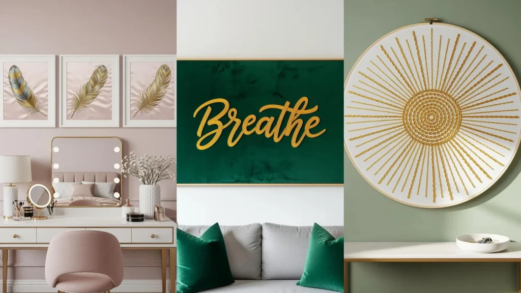 A collage of luxury wall art made with gold thread, adding a premium look to three different home interiors.