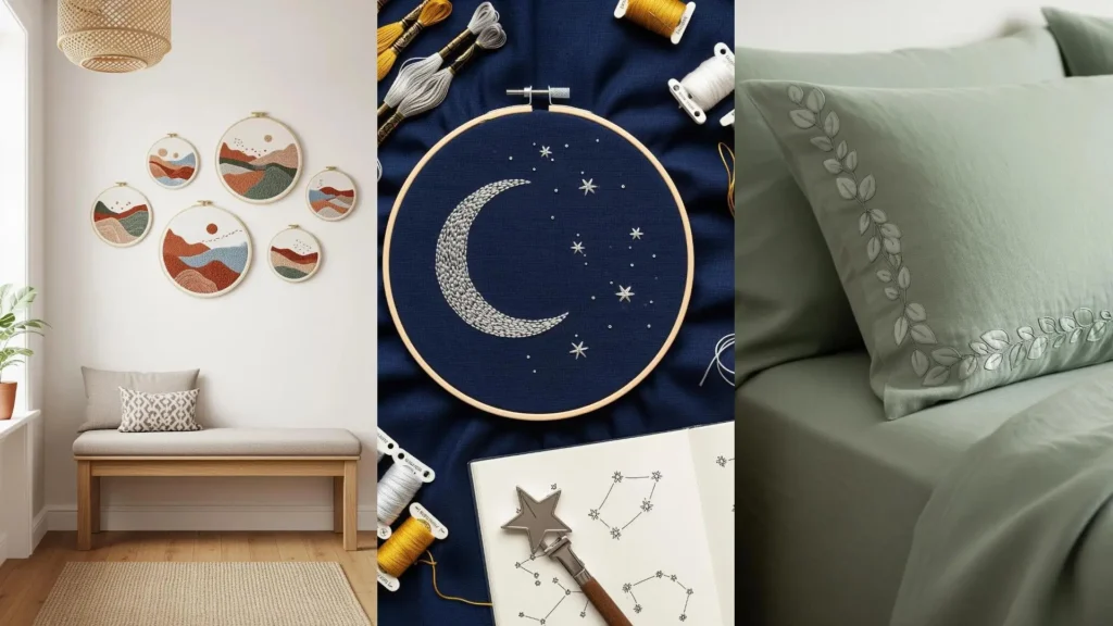 Collage of aesthetic hand-stitched projects for a cozy home, featuring embroidered hoop art and a decorated pillowcase.