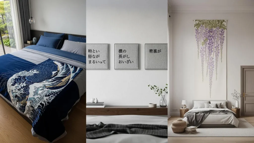 A collage of Zen bedrooms with Japanese embroidery designs, like a Great Wave duvet and a wisteria wall hanging.